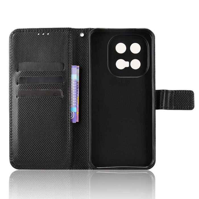For vivo iQOO 15 5G Leather Wallet Case with Strap Diamond Texture Phone Cover - Black - 5