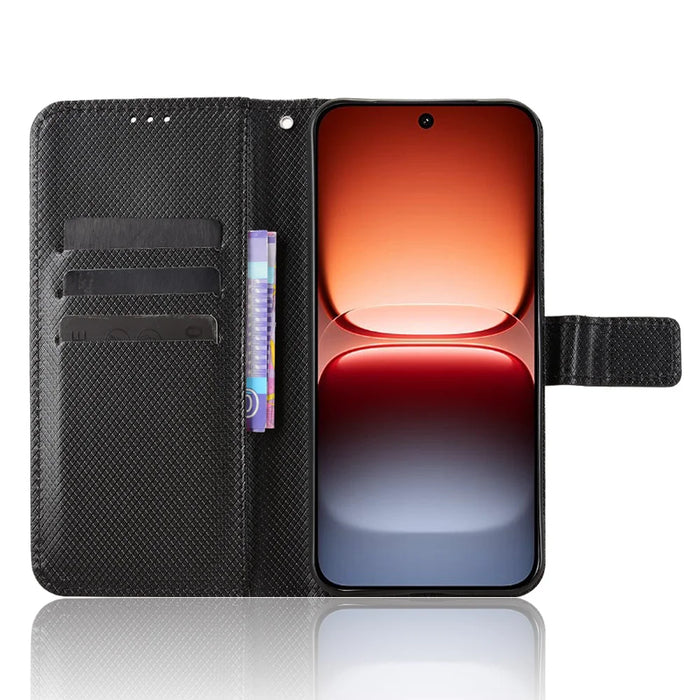 For vivo iQOO 15 5G Leather Wallet Case with Strap Diamond Texture Phone Cover - Black - 6