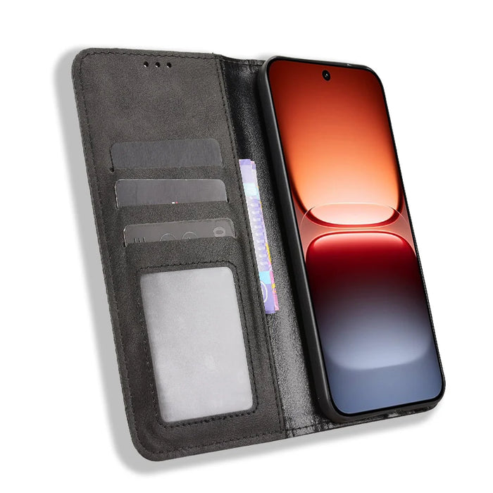 For vivo iQOO 15 5G Leather Case Wallet Stand Retro Texture Phone Cover - Black - 6