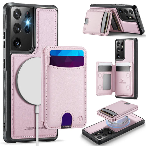 JEEHOOD For Samsung Galaxy S21 Ultra 5G Magnetic Case  J10 Leather Back Phone Cover with Detachable Card Holder Kickstand - Pink - 1