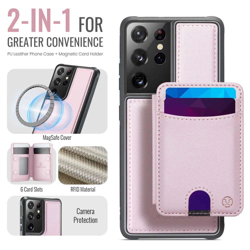 JEEHOOD For Samsung Galaxy S21 Ultra 5G Magnetic Case  J10 Leather Back Phone Cover with Detachable Card Holder Kickstand - Pink - 2