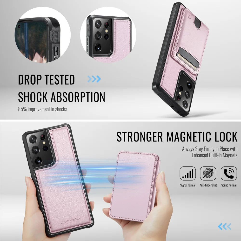 JEEHOOD For Samsung Galaxy S21 Ultra 5G Magnetic Case  J10 Leather Back Phone Cover with Detachable Card Holder Kickstand - Pink - 3