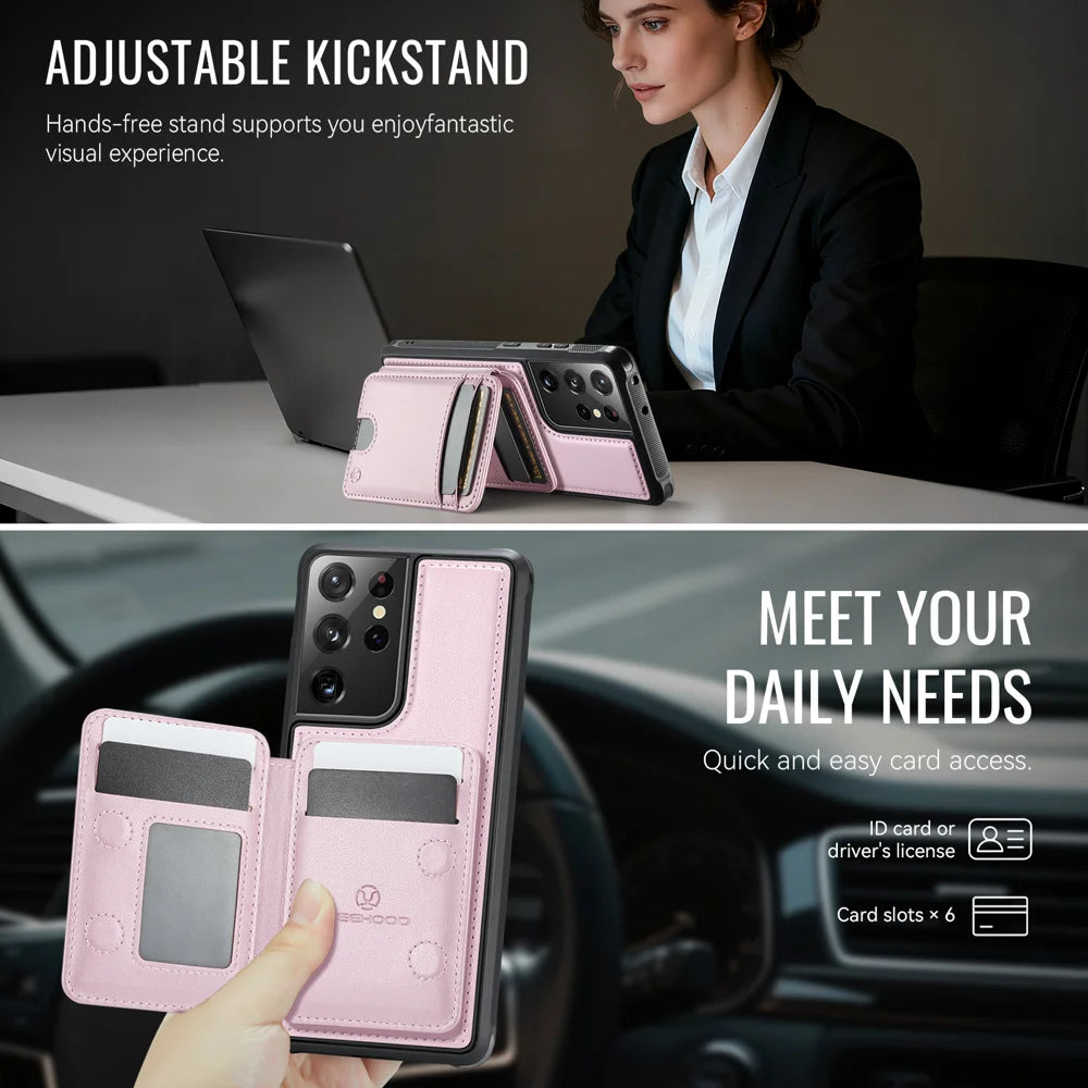 JEEHOOD For Samsung Galaxy S21 Ultra 5G Magnetic Case  J10 Leather Back Phone Cover with Detachable Card Holder Kickstand - Pink - 4