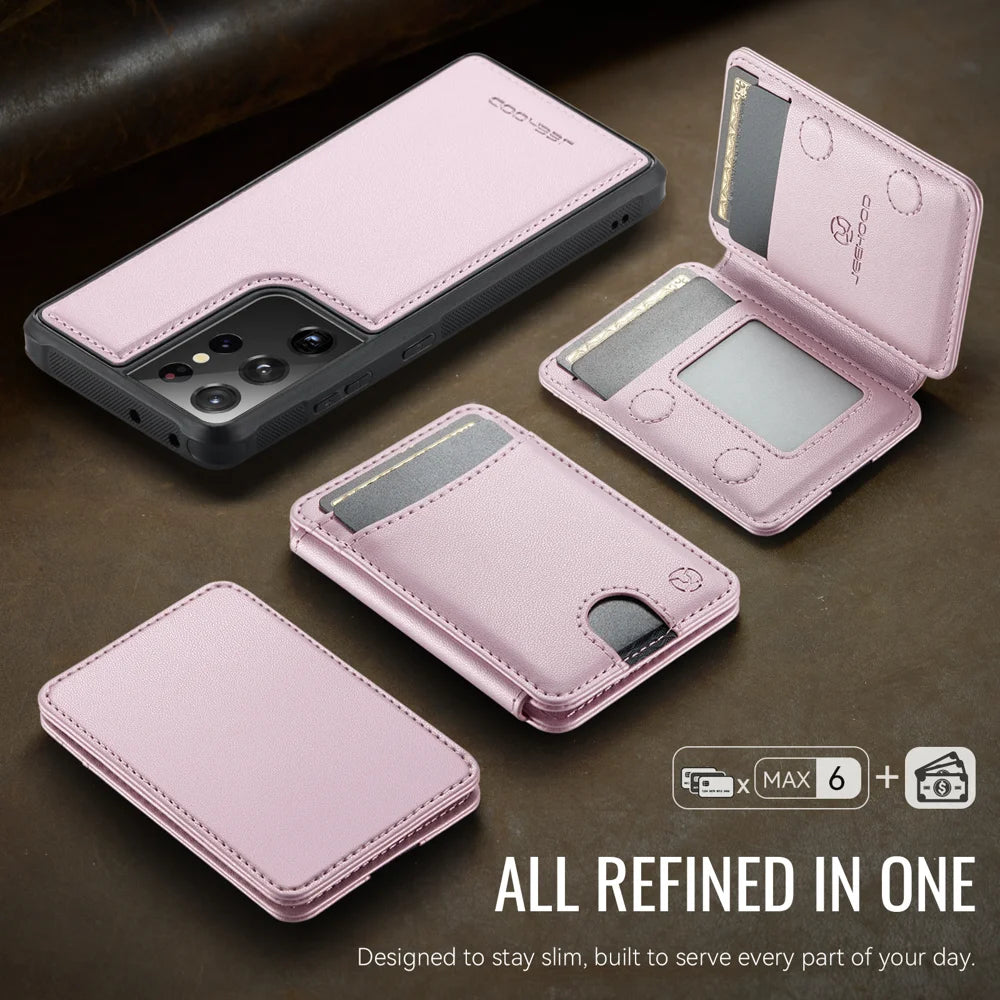 JEEHOOD For Samsung Galaxy S21 Ultra 5G Magnetic Case  J10 Leather Back Phone Cover with Detachable Card Holder Kickstand - Pink - 5
