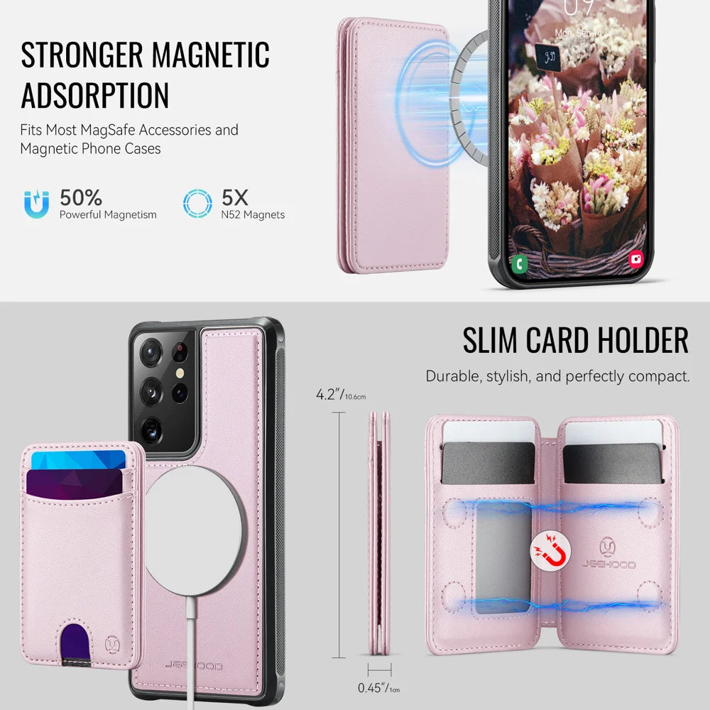JEEHOOD For Samsung Galaxy S21 Ultra 5G Magnetic Case  J10 Leather Back Phone Cover with Detachable Card Holder Kickstand - Pink - 6