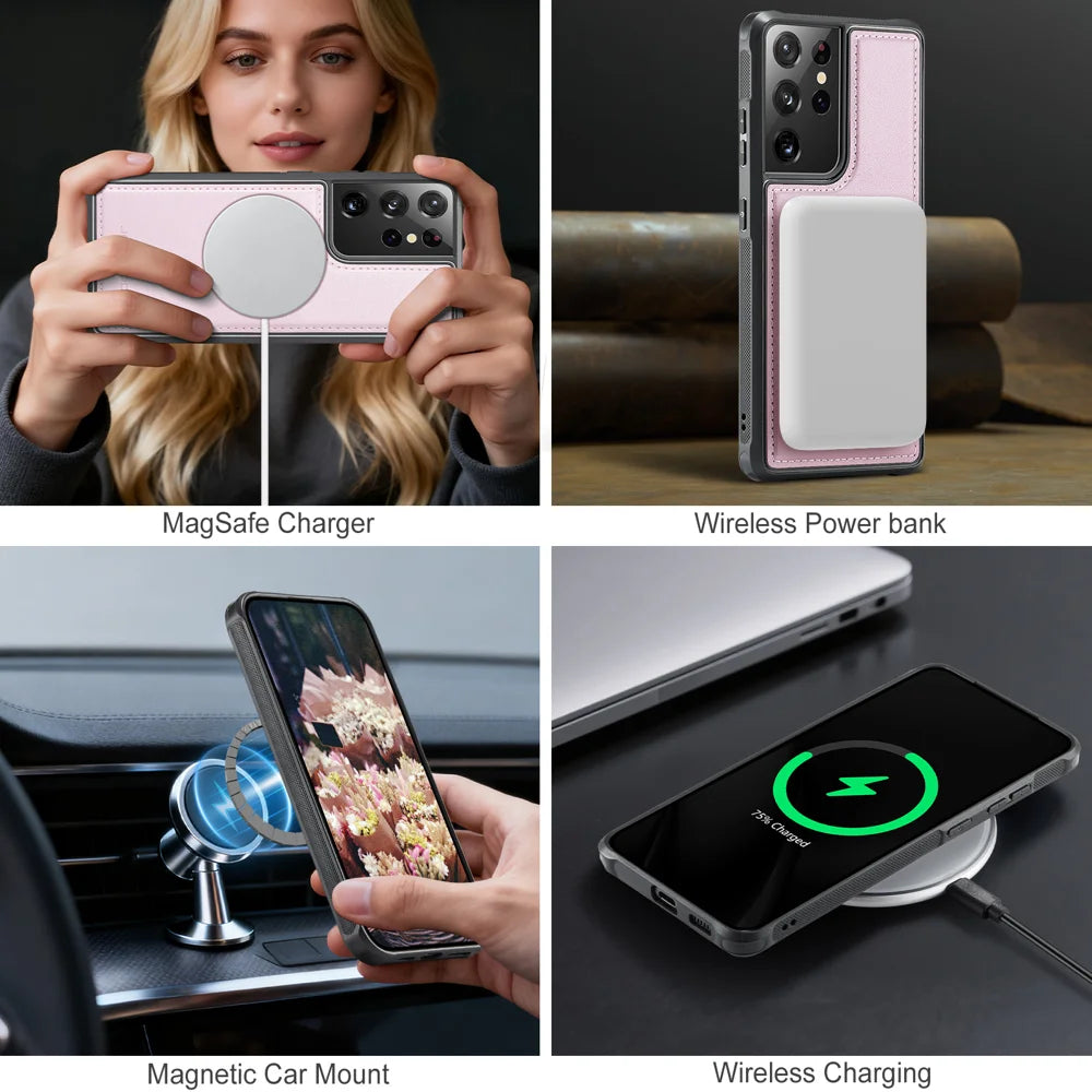 JEEHOOD For Samsung Galaxy S21 Ultra 5G Magnetic Case  J10 Leather Back Phone Cover with Detachable Card Holder Kickstand - Pink - 7