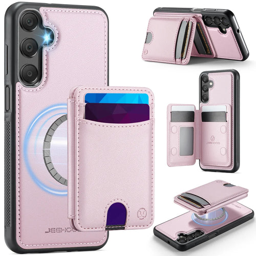 JEEHOOD For Samsung Galaxy A25 5G (Global) (161mm) Magnetic Case  J10 Leather Back Phone Cover with Detachable Card Holder Kickstand - Pink - 1