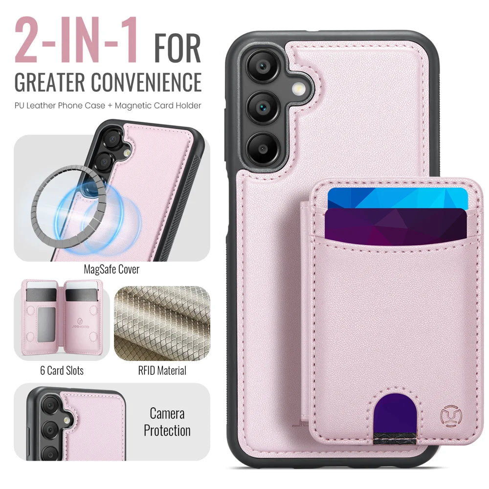 JEEHOOD For Samsung Galaxy A25 5G (Global) (161mm) Magnetic Case  J10 Leather Back Phone Cover with Detachable Card Holder Kickstand - Pink - 2