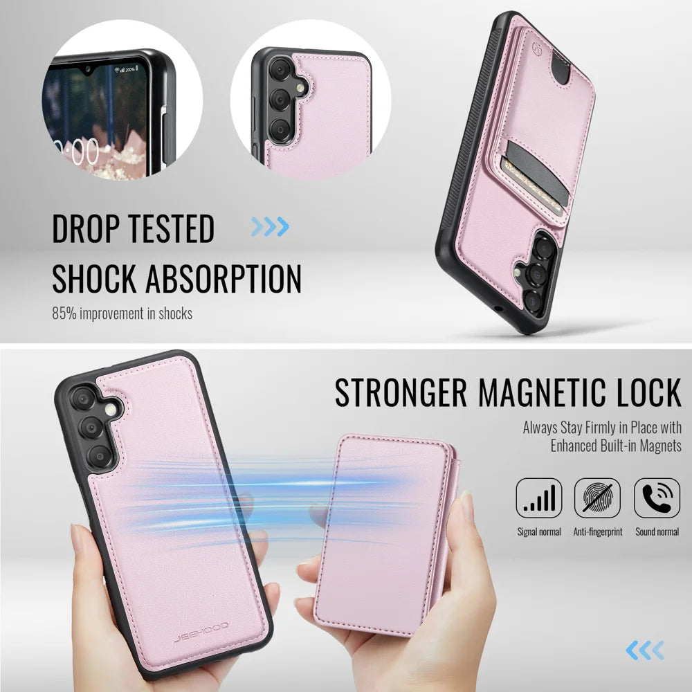 JEEHOOD For Samsung Galaxy A25 5G (Global) (161mm) Magnetic Case  J10 Leather Back Phone Cover with Detachable Card Holder Kickstand - Pink - 3