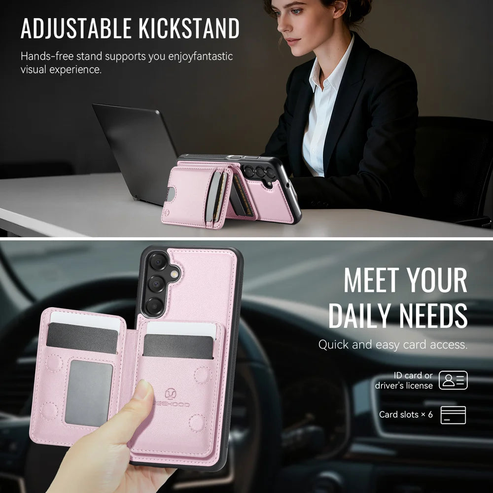 JEEHOOD For Samsung Galaxy A25 5G (Global) (161mm) Magnetic Case  J10 Leather Back Phone Cover with Detachable Card Holder Kickstand - Pink - 4
