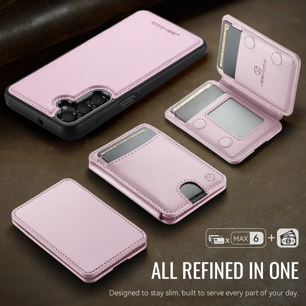 JEEHOOD For Samsung Galaxy A25 5G (Global) (161mm) Magnetic Case  J10 Leather Back Phone Cover with Detachable Card Holder Kickstand - Pink - 5