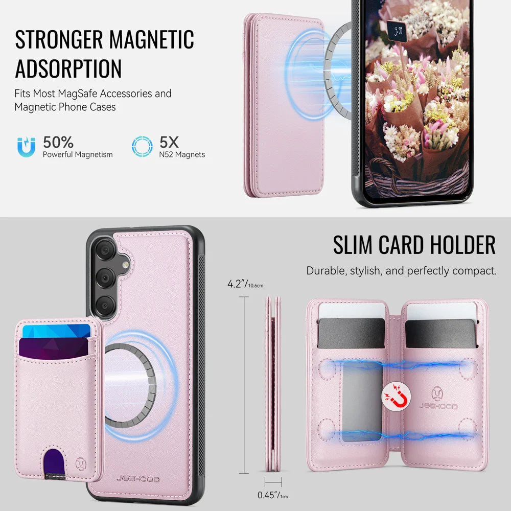 JEEHOOD For Samsung Galaxy A25 5G (Global) (161mm) Magnetic Case  J10 Leather Back Phone Cover with Detachable Card Holder Kickstand - Pink - 6