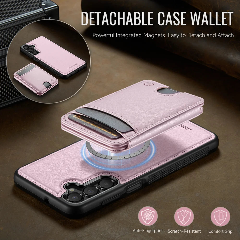 JEEHOOD For Samsung Galaxy A25 5G (Global) (161mm) Magnetic Case  J10 Leather Back Phone Cover with Detachable Card Holder Kickstand - Pink - 7