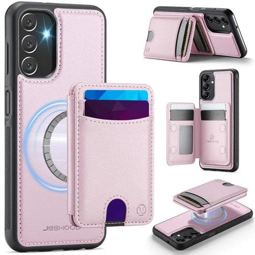 JEEHOOD For Samsung Galaxy A24 4G (162.1mm) Magnetic Case  J10 Leather Back Phone Cover with Detachable Card Holder Kickstand - Pink - 1