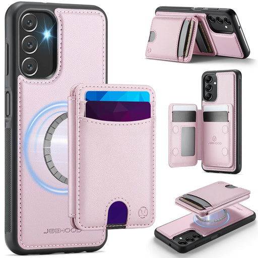 JEEHOOD For Samsung Galaxy A24 4G (162.1mm) Magnetic Case  J10 Leather Back Phone Cover with Detachable Card Holder Kickstand - Pink - 1