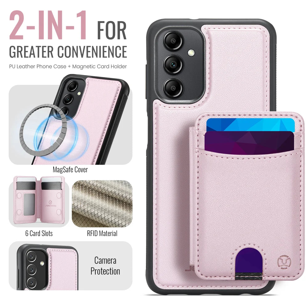 JEEHOOD For Samsung Galaxy A24 4G (162.1mm) Magnetic Case  J10 Leather Back Phone Cover with Detachable Card Holder Kickstand - Pink - 2