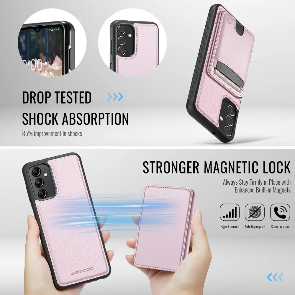 JEEHOOD For Samsung Galaxy A24 4G (162.1mm) Magnetic Case  J10 Leather Back Phone Cover with Detachable Card Holder Kickstand - Pink - 3