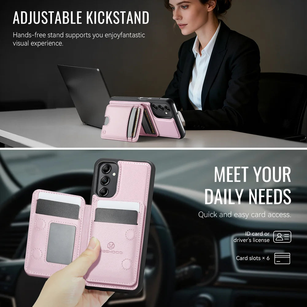 JEEHOOD For Samsung Galaxy A24 4G (162.1mm) Magnetic Case  J10 Leather Back Phone Cover with Detachable Card Holder Kickstand - Pink - 4