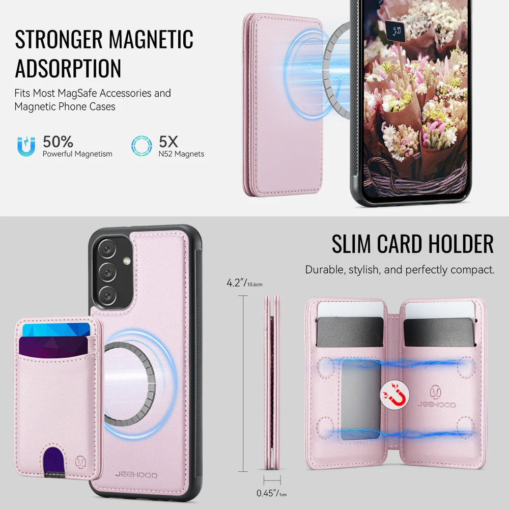 JEEHOOD For Samsung Galaxy A24 4G (162.1mm) Magnetic Case  J10 Leather Back Phone Cover with Detachable Card Holder Kickstand - Pink - 6
