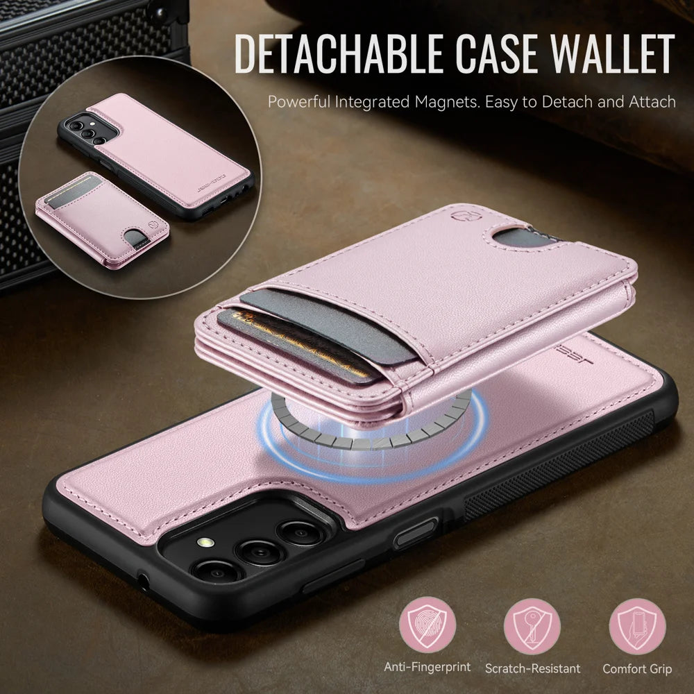 JEEHOOD For Samsung Galaxy A24 4G (162.1mm) Magnetic Case  J10 Leather Back Phone Cover with Detachable Card Holder Kickstand - Pink - 7
