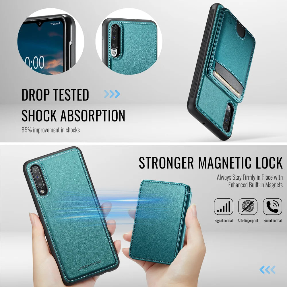 JEEHOOD For Samsung Galaxy A50 Magnetic Case  J10 Leather Back Phone Cover with Detachable Card Holder Kickstand - Blue - 3