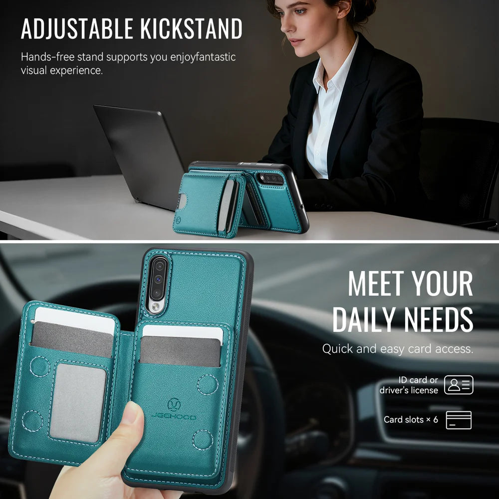 JEEHOOD For Samsung Galaxy A50 Magnetic Case  J10 Leather Back Phone Cover with Detachable Card Holder Kickstand - Blue - 4