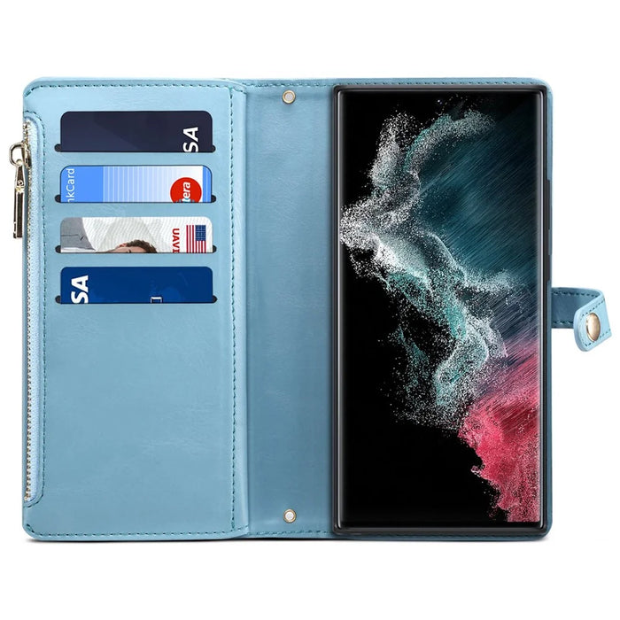 ESEBLE Shockproof Case for Samsung Galaxy S22 Ultra 5G Leather Folio Flip Cover RFID Blocking Wallet Phone Case with Stand - Blue - 2