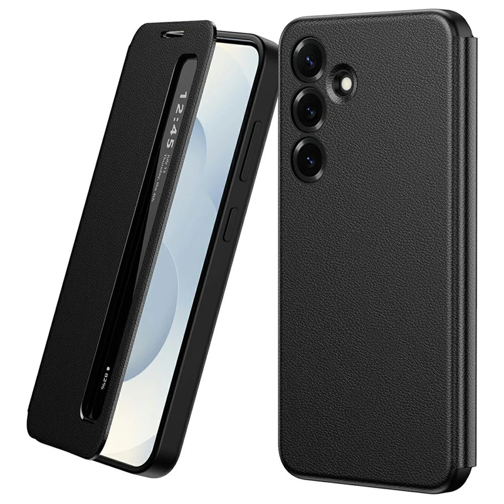 For Samsung Galaxy S25 FE Case Smart View Window Leather Phone Cover - Black - 1