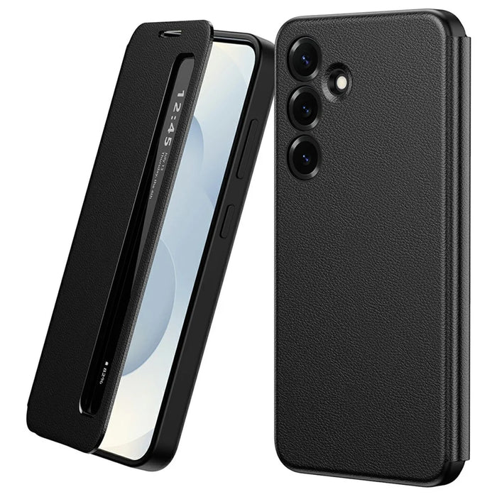 For Samsung Galaxy S25 FE Case Smart View Window Leather Phone Cover - Black - 1
