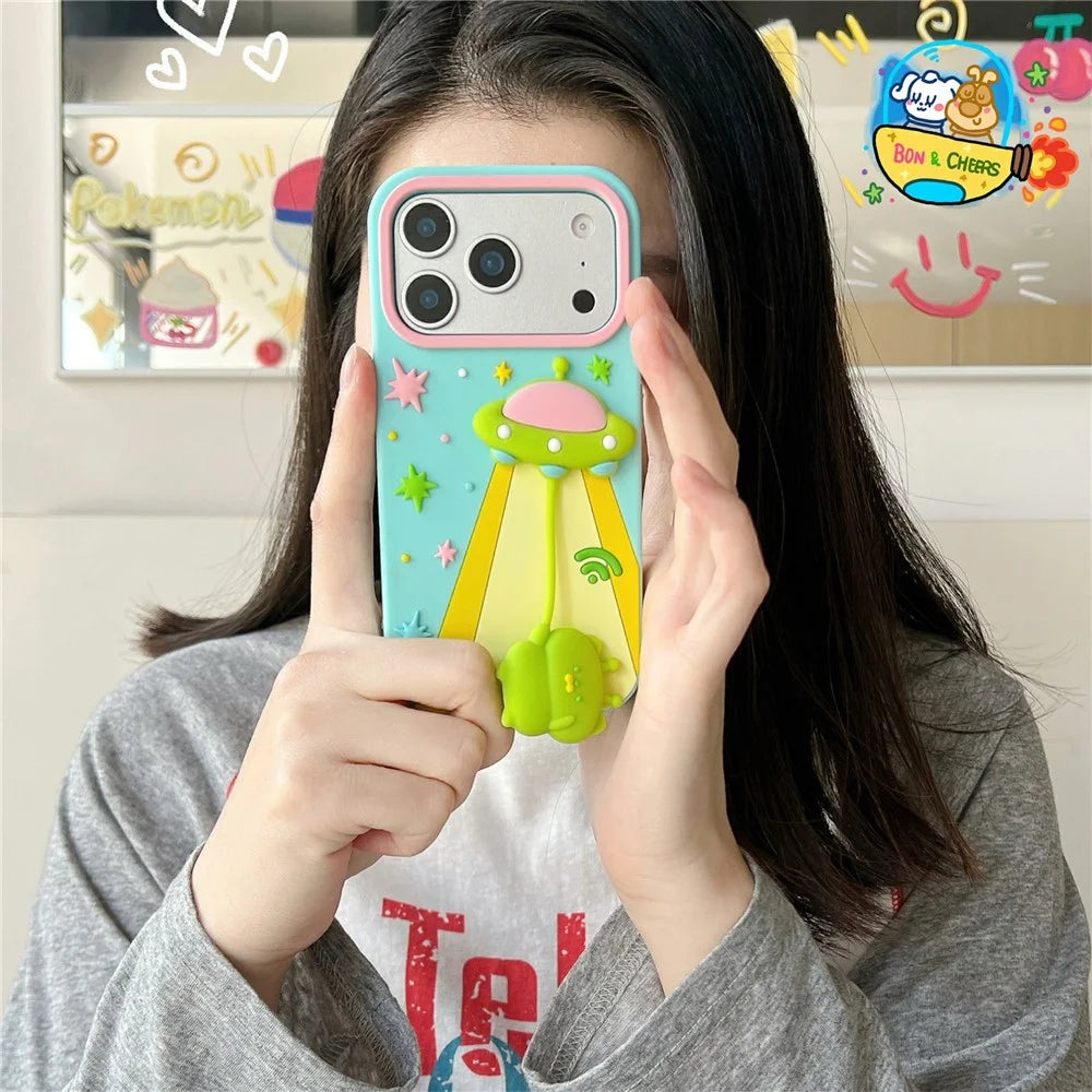 For iPhone 18 Pro / 17 Pro Case Cute 3D UFO Alien Pendant Design Shockproof Silicone Phone Back Cover - 2