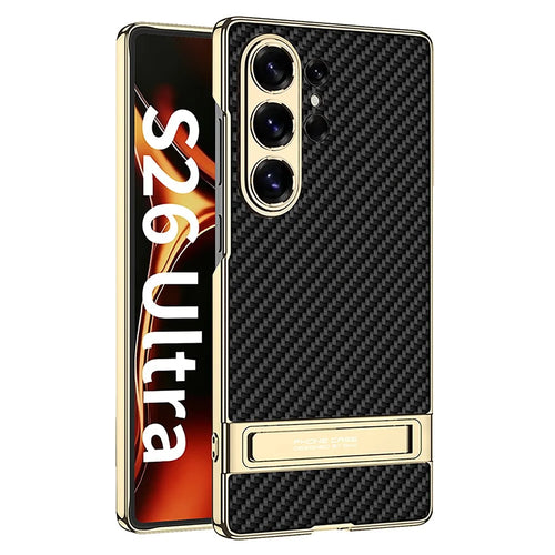 GKK For Samsung Galaxy S26 Ultra Case Electroplating Kickstand PU Hard PC Phone Back Cover - Carbon Fiber Texture - 1