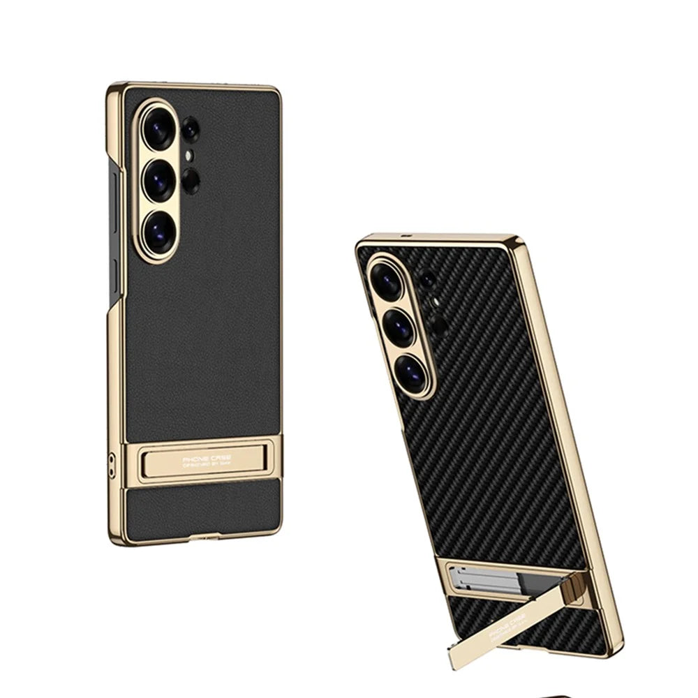 GKK For Samsung Galaxy S26 Ultra Case Electroplating Kickstand PU Hard PC Phone Back Cover - Carbon Fiber Texture - 3