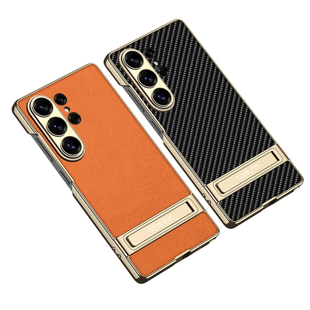 GKK For Samsung Galaxy S26 Ultra Case Electroplating Kickstand PU Hard PC Phone Back Cover - Carbon Fiber Texture - 7