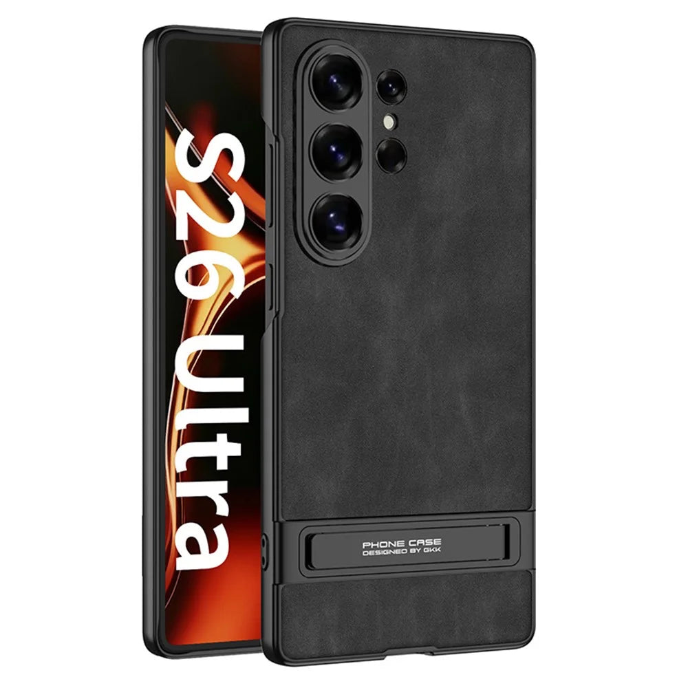 GKK For Samsung Galaxy S26 Ultra Case Matte PU Leather Coated PC Phone Cover with Hidden Kickstand - Black - 1