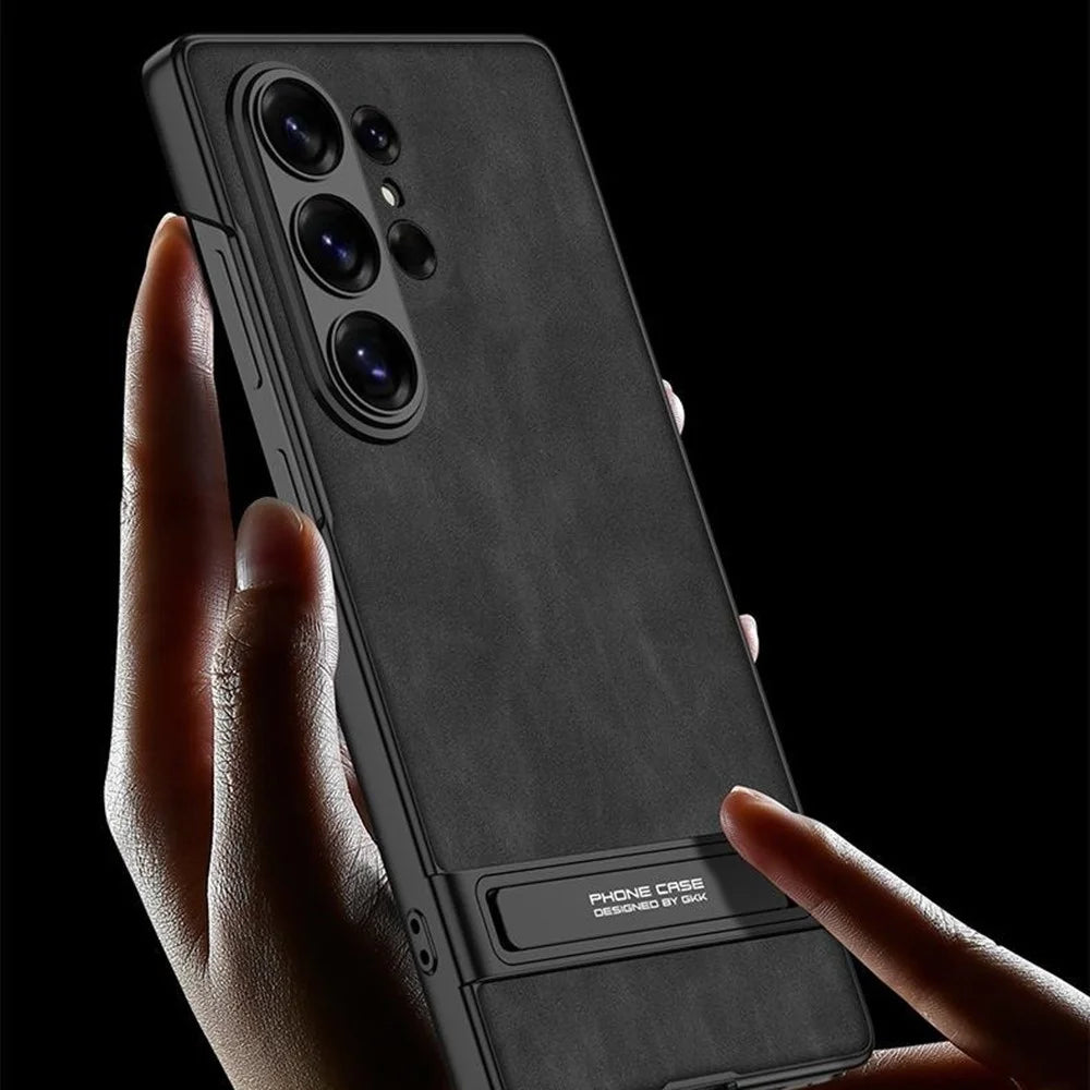 GKK For Samsung Galaxy S26 Ultra Case Matte PU Leather Coated PC Phone Cover with Hidden Kickstand - Black - 3