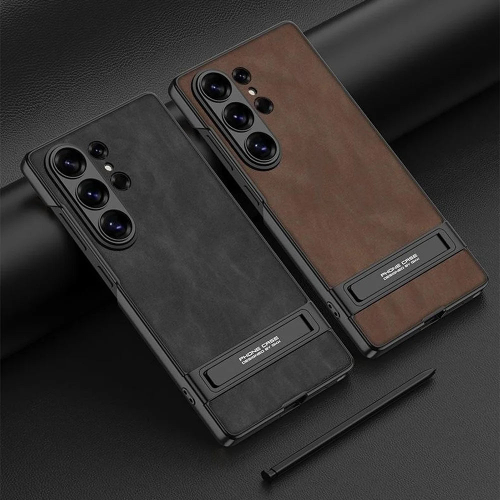 GKK For Samsung Galaxy S26 Ultra Case Matte PU Leather Coated PC Phone Cover with Hidden Kickstand - Black - 7