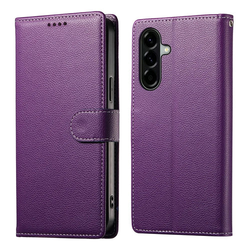 For Samsung Galaxy A37 5G Case Magnetic Snap Litchi Texture Leather Wallet Phone Cover with Wrist Strap - Purple - 1