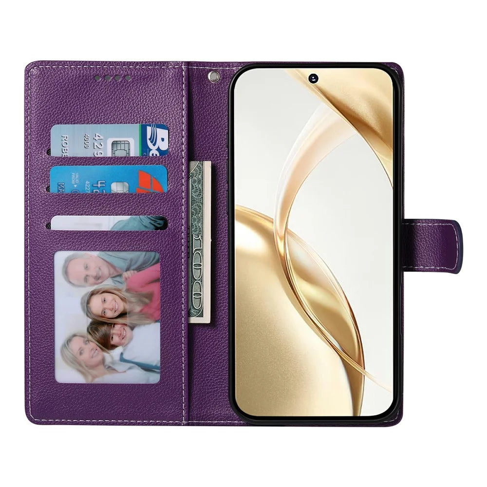For Samsung Galaxy A37 5G Case Magnetic Snap Litchi Texture Leather Wallet Phone Cover with Wrist Strap - Purple - 2