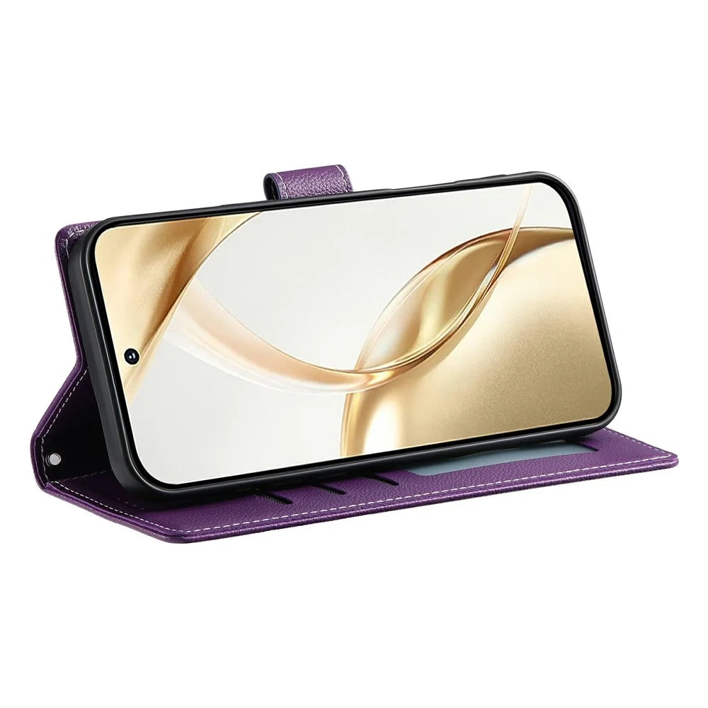 For Samsung Galaxy A37 5G Case Magnetic Snap Litchi Texture Leather Wallet Phone Cover with Wrist Strap - Purple - 4