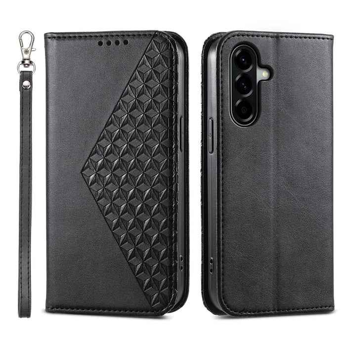 For Samsung Galaxy A37 5G Case Calf Texture PU Leather Wallet Phone Cover with Wrist Strap - Black - 1