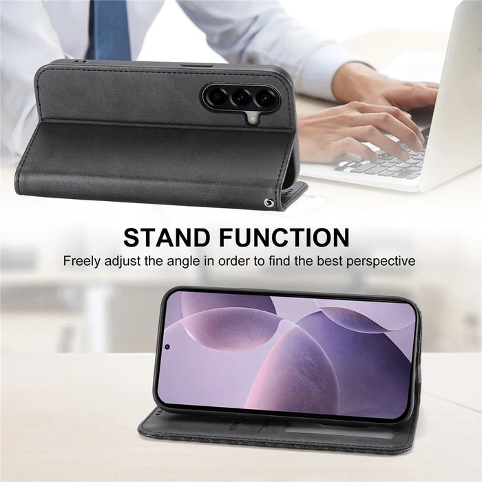 For Samsung Galaxy A37 5G Case Calf Texture PU Leather Wallet Phone Cover with Wrist Strap - Black - 3