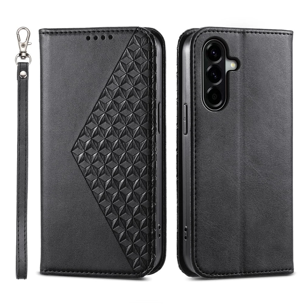 For Samsung Galaxy A57 5G Case Calf Texture PU Leather Wallet Phone Cover with Wrist Strap - Black - 1