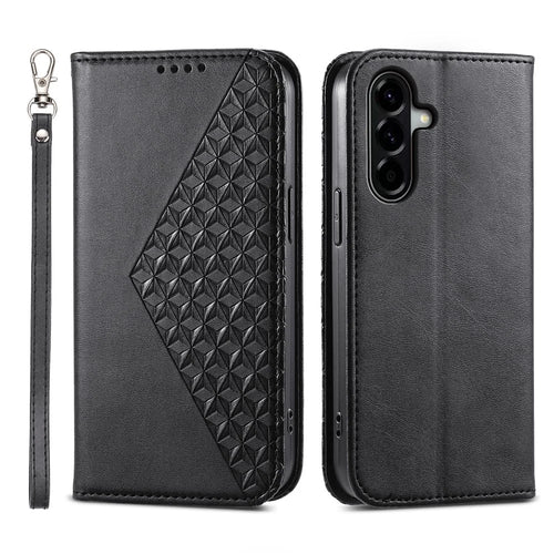 For Samsung Galaxy A57 5G Case Calf Texture PU Leather Wallet Phone Cover with Wrist Strap - Black - 1