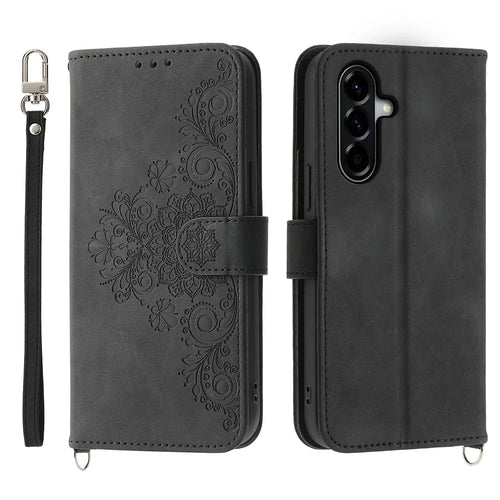 For Samsung Galaxy A37 5G Case Flower Pattern PU Leather Wallet Phone Cover with Strap - Black - 1