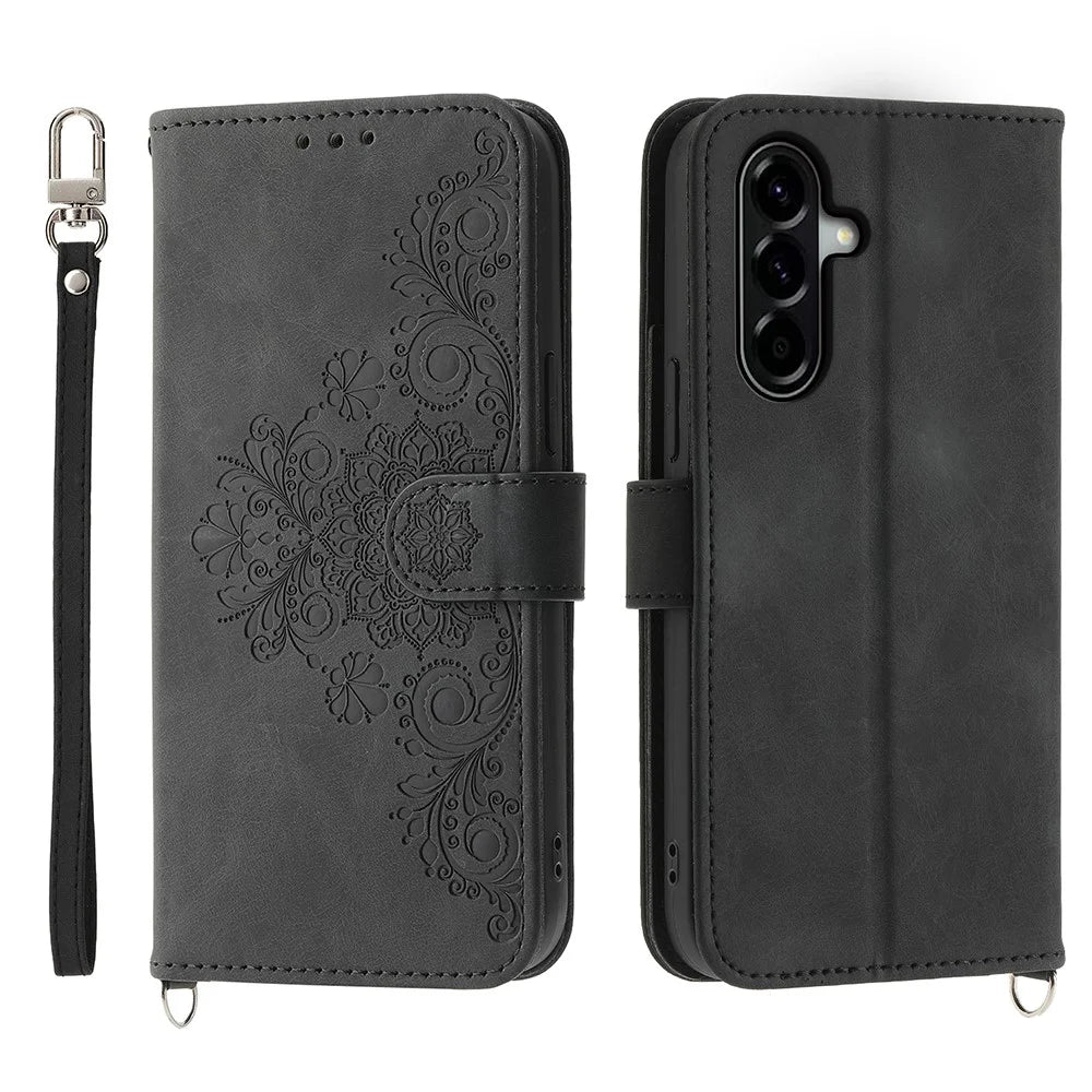 For Samsung Galaxy A37 5G Case Flower Pattern PU Leather Wallet Phone Cover with Strap - Black - 1