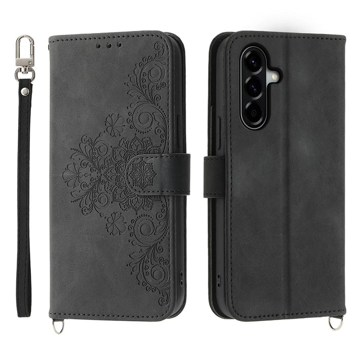 For Samsung Galaxy A37 5G Case Flower Pattern PU Leather Wallet Phone Cover with Strap - Black - 1