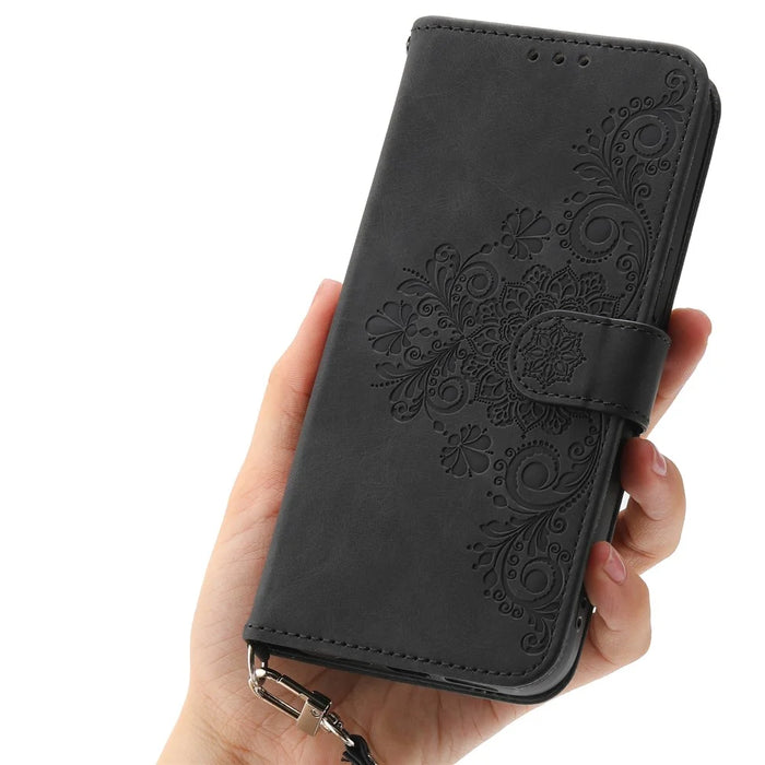 For Samsung Galaxy A57 5G Case Flower Pattern PU Leather Wallet Phone Cover with Strap - Black - 7