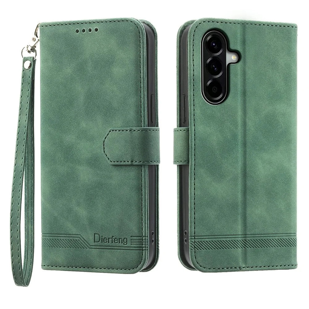 DIERFENG DF-03 For Samsung Galaxy A37 5G Case Lines Imprint Wallet Leather Phone Cover with Wrist Strap - Green - 1