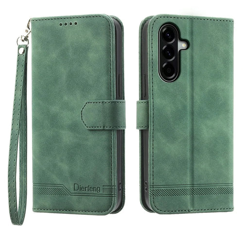 DIERFENG DF-03 For Samsung Galaxy A57 5G Case Lines Imprint Wallet Leather Phone Cover with Wrist Strap - Green - 1