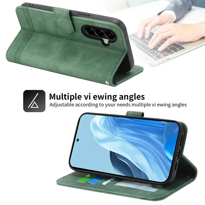 DIERFENG DF-03 For Samsung Galaxy A57 5G Case Lines Imprint Wallet Leather Phone Cover with Wrist Strap - Green - 5